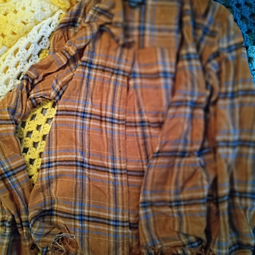 Angie Mustard Plaid Button-Front Shirt with Blue Stripes